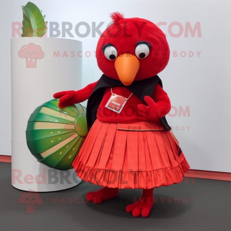 Red Kiwi mascot costume character dressed with a Pleated Skirt and Wallets