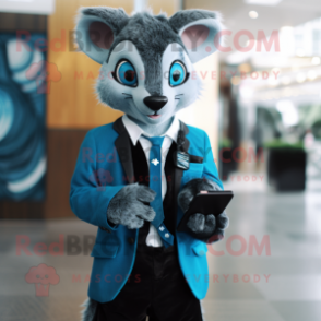 Blue Civet mascot costume character dressed with a Suit Jacket and Wallets