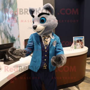 Blue Civet mascot costume character dressed with a Suit Jacket and Wallets