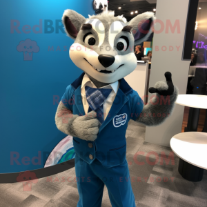 Blue Civet mascot costume character dressed with a Suit Jacket and Wallets