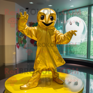 Gold Acrobat mascot costume character dressed with a Raincoat and Shawl pins