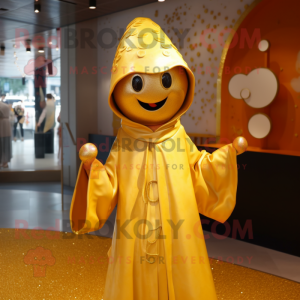 Gold Acrobat mascot costume character dressed with a Raincoat and Shawl pins