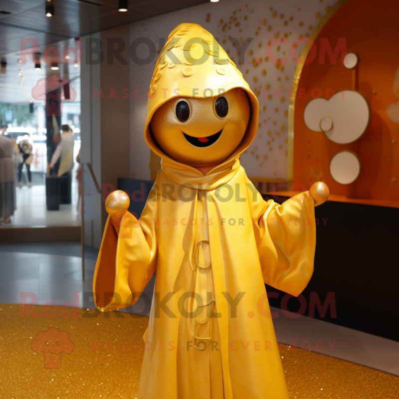 Gold Acrobat mascot costume character dressed with a Raincoat and Shawl pins