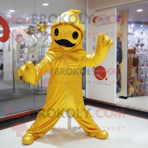 Gold Acrobat mascot costume character dressed with a Raincoat and Shawl pins