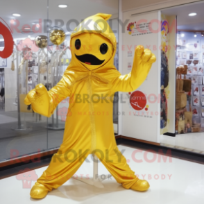 Gold Acrobat mascot costume character dressed with a Raincoat and Shawl pins