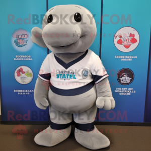 Gray Stellar'S Sea Cow mascot costume character dressed with a Rugby Shirt and Shoe clips