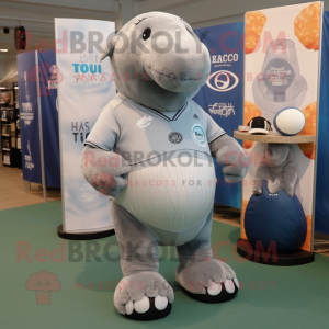 Gray Stellar'S Sea Cow mascot costume character dressed with a Rugby Shirt and Shoe clips
