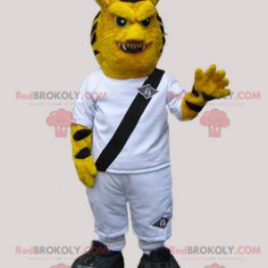 Mascote tigre de aspecto selvagem vestido de branco -