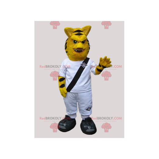 Mascote tigre de aspecto selvagem vestido de branco -