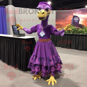 Purple Velociraptor mascot costume character dressed with a Maxi Skirt and Keychains
