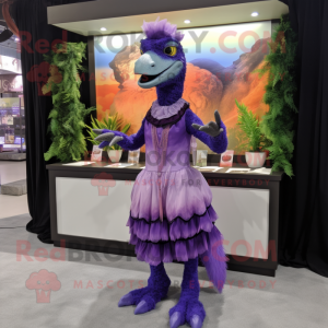Purple Velociraptor mascot costume character dressed with a Maxi Skirt and Keychains