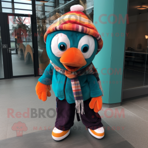 Teal Clown Fish mascot costume character dressed with a Corduroy Pants and Scarves