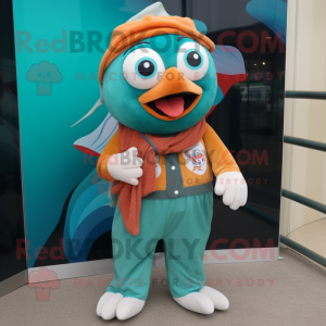 Teal Clown Fish mascot costume character dressed with a Corduroy Pants and Scarves