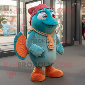 Teal Clown Fish mascot costume character dressed with a Corduroy Pants and Scarves