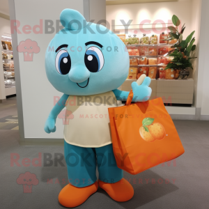 Cyan Apricot mascot costume character dressed with a Dress Pants and Tote bags