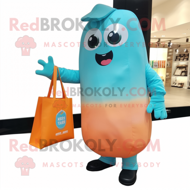 Cyan Apricot mascot costume character dressed with a Dress Pants and Tote bags