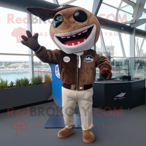 Brown Tuna mascot costume character dressed with a Bomber Jacket and Ties