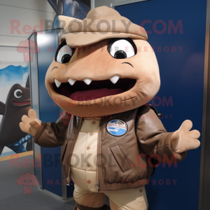 Brown Tuna mascot costume character dressed with a Bomber Jacket and Ties