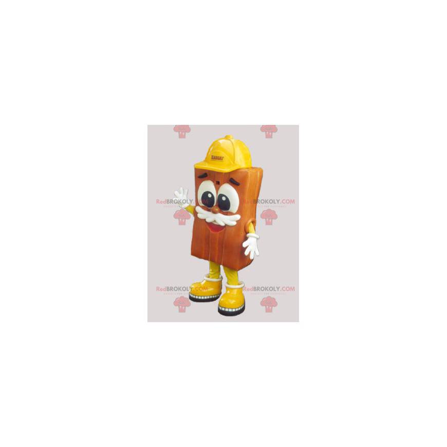 Mascota de ladrillo marrón con un casco amarillo -