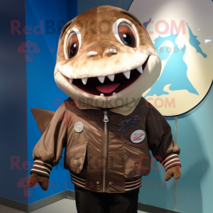 Brown Tuna mascot costume character dressed with a Bomber Jacket and Ties