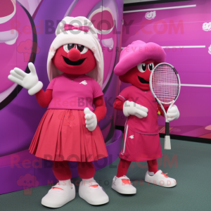 Magenta Tennis Racket mascot costume character dressed with a Wrap Dress and Hats