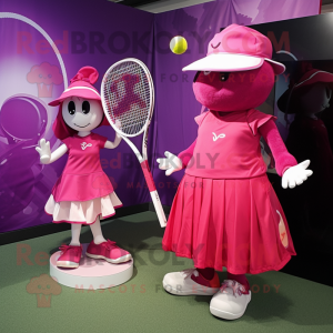 Magenta Tennis Racket mascot costume character dressed with a Wrap Dress and Hats