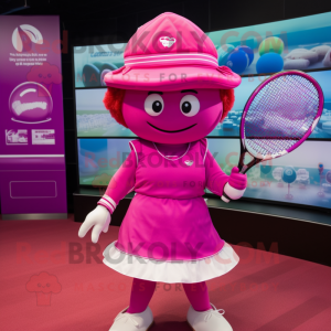 Magenta Tennis Racket mascot costume character dressed with a Wrap Dress and Hats