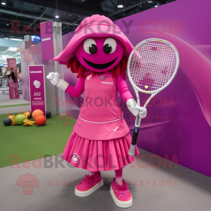 Magenta Tennis Racket mascot costume character dressed with a Wrap Dress and Hats Magenta Tennis Racket mascot costume character dressed with a Wrap Dress and Hats