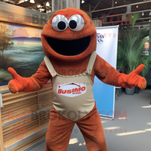 Rust Jambalaya mascot costume character dressed with a Rash Guard and Suspenders