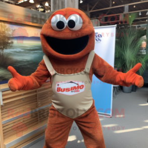Rust Jambalaya mascot costume character dressed with a Rash Guard and Suspenders