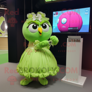 Lime Green Owl mascot costume character dressed with a Ball Gown and Smartwatches