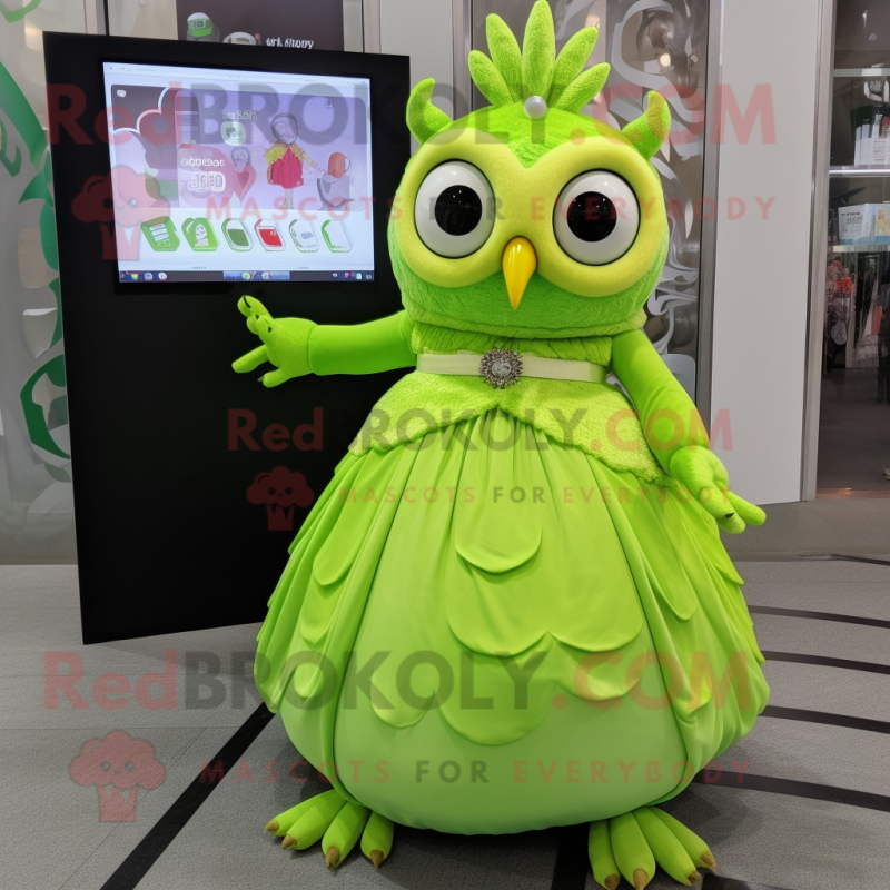 Lime Green Owl mascot costume character dressed with a Ball Gown and Smartwatches