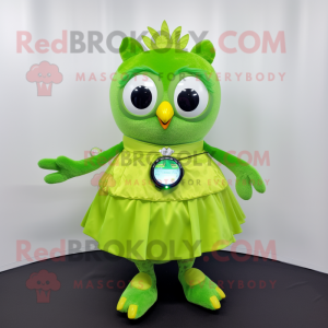 Lime Green Owl mascot costume character dressed with a Ball Gown and Smartwatches