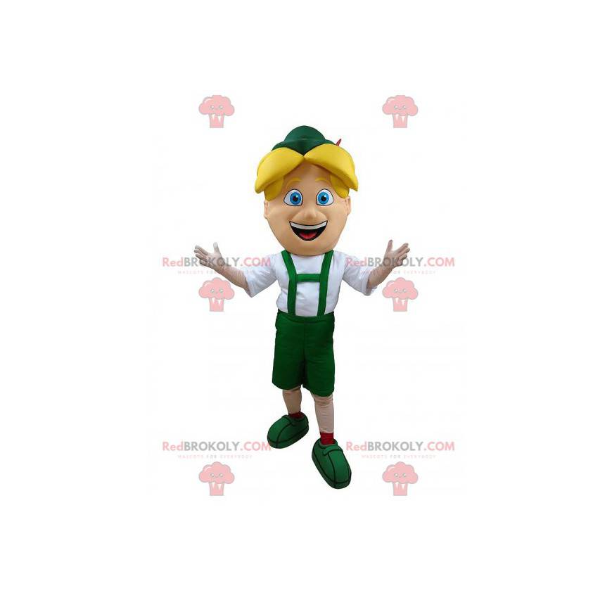 Mascotte de garçon blond en tenue de Tyrolien verte -