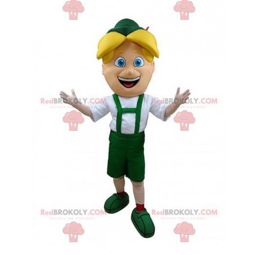 Mascotte de garçon blond en tenue de Tyrolien verte -