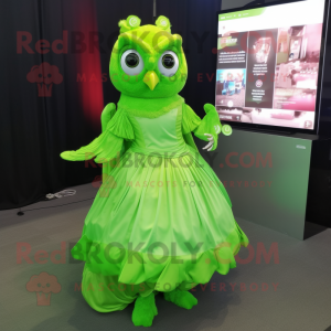 Lime Green Owl mascot costume character dressed with a Ball Gown and Smartwatches