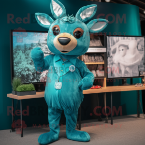 Teal Deer mascot costume character dressed with a Romper and Lapel pins