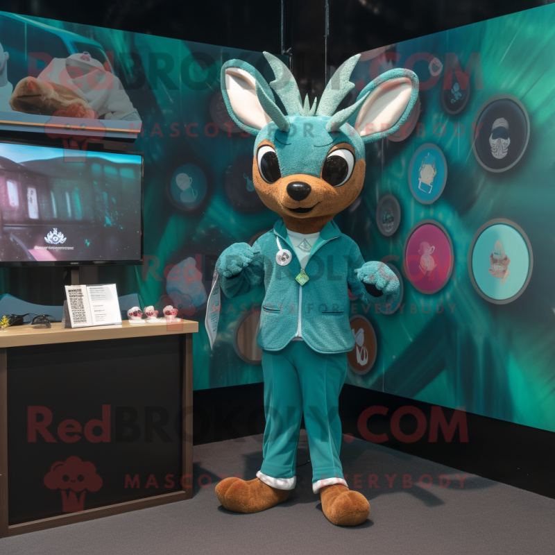 Teal Deer mascot costume character dressed with a Romper and Lapel pins Teal Deer mascot costume character dressed with a Romper and Lapel pins