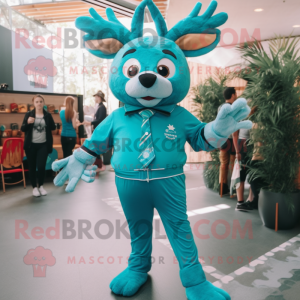 Teal Deer mascot costume character dressed with a Romper and Lapel pins