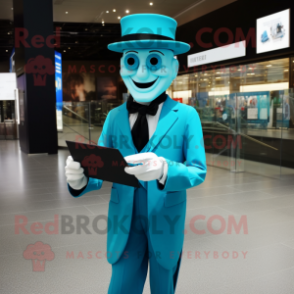 Cyan Mime mascot costume character dressed with a Suit and Reading glasses