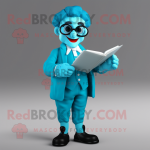 Cyan Mime mascot costume character dressed with a Suit and Reading glasses