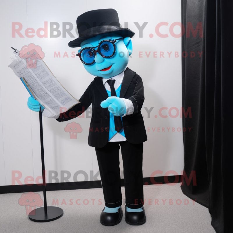 Cyan Mime mascot costume character dressed with a Suit and Reading glasses Cyan Mime mascot costume character dressed with a Suit and Reading glasses