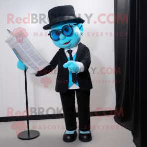 Cyan Mime mascot costume character dressed with a Suit and Reading glasses