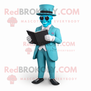 Cyan Mime mascot costume character dressed with a Suit and Reading glasses