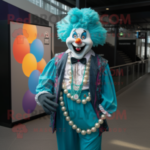 Teal Clown mascot costume character dressed with a Suit Jacket and Necklaces