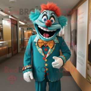 Teal Clown mascot costume character dressed with a Suit Jacket and Necklaces