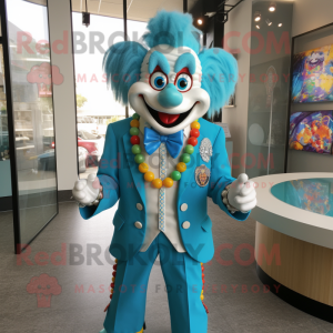 Teal Clown mascot costume character dressed with a Suit Jacket and Necklaces