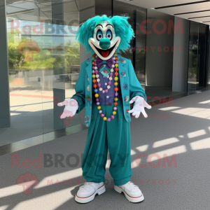 Teal Clown mascot costume character dressed with a Suit Jacket and Necklaces