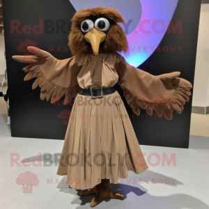 Brown Harpy mascot costume character dressed with a Maxi Skirt and Shoe clips