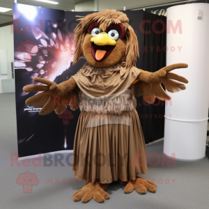 Brown Harpy mascot costume character dressed with a Maxi Skirt and Shoe clips